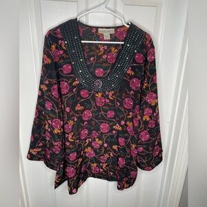 Silk Assets Diane Von Furstenburg 100% Silk Floral Sequined Blouse Glamour 1X